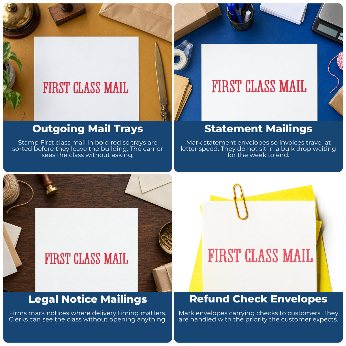 "First class mail" stamp shown in use on office documents, Bold Red First Class Mail Envelope Stamp overview