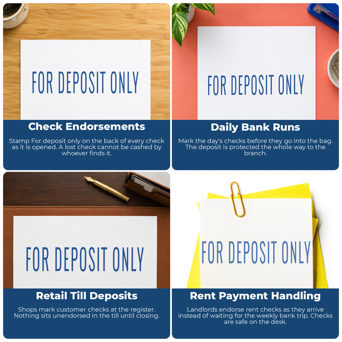 "For deposit only" stamp shown in use on office documents, For Deposit Only Check Endorsement Stamp – Blue Pre-Inked Xstam...
