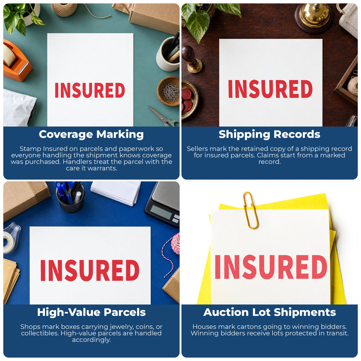 "Insured" stamp shown in use on office documents, Insured Stamp For Mail Processing overview