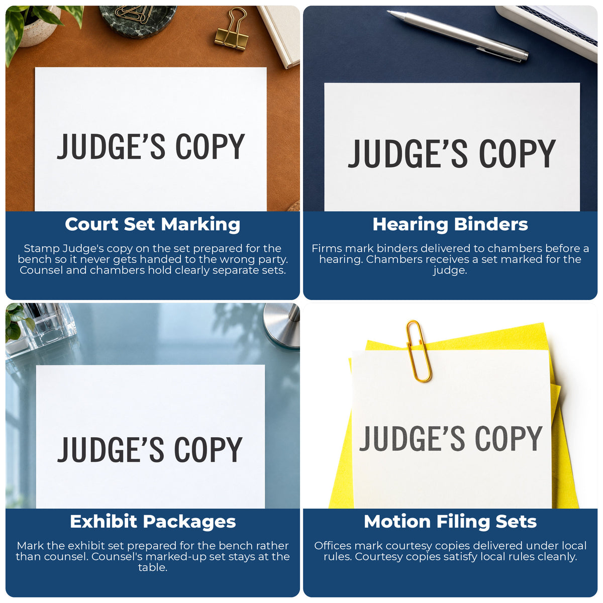"Judge's copy" stamp shown in use on office documents, Xstamper Judge's Copy Stamp overview