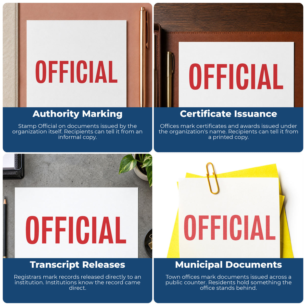 "Official" stamp shown in use on office documents, Xstamper Official Stamp overview