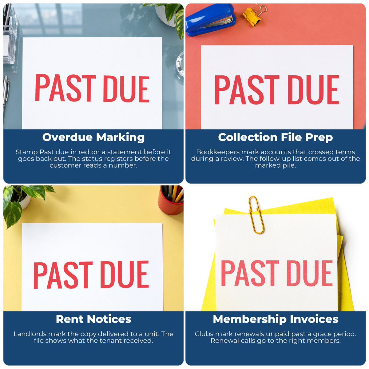 "Past due" stamp shown in use on office documents, Xstamper Past Due Stamp – Red Pre-Inked overview