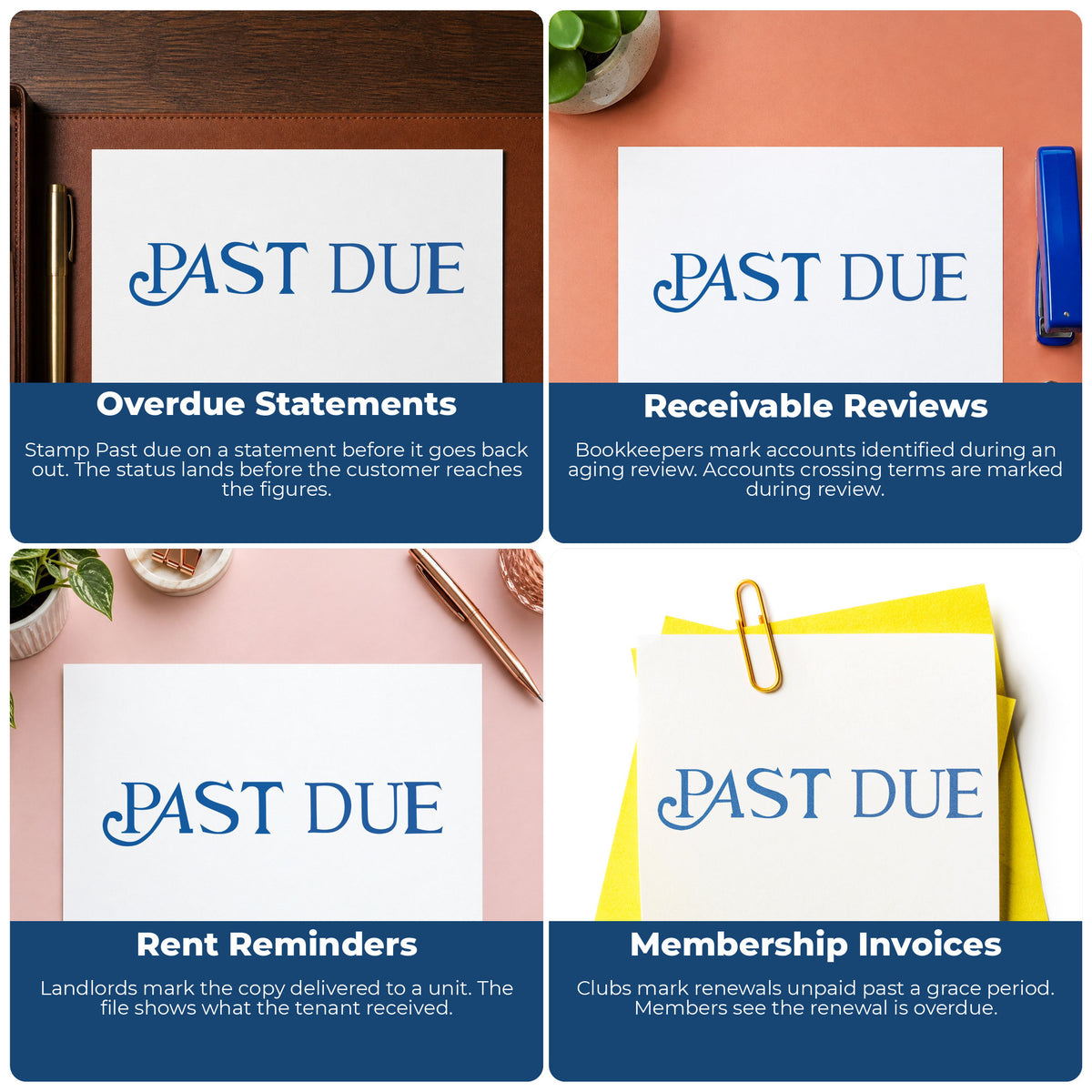 "Past due" stamp shown in use on office documents, Xstamper Past Due Invoice Stamp overview