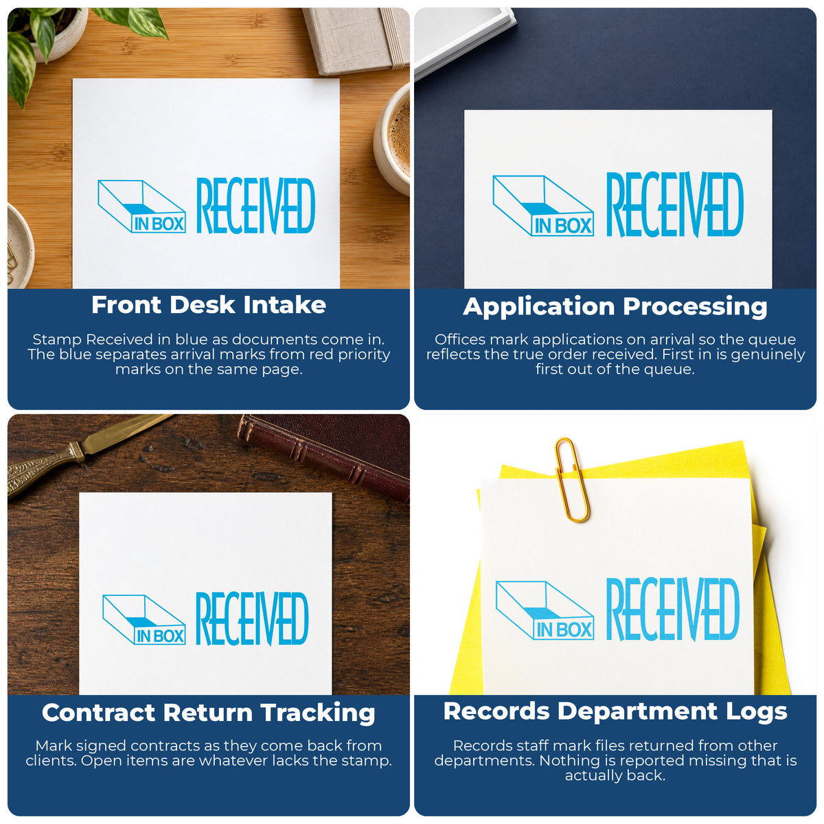 "Received" stamp shown in use on office documents, Received Stamp – Blue Pre-Inked Xstamper overview