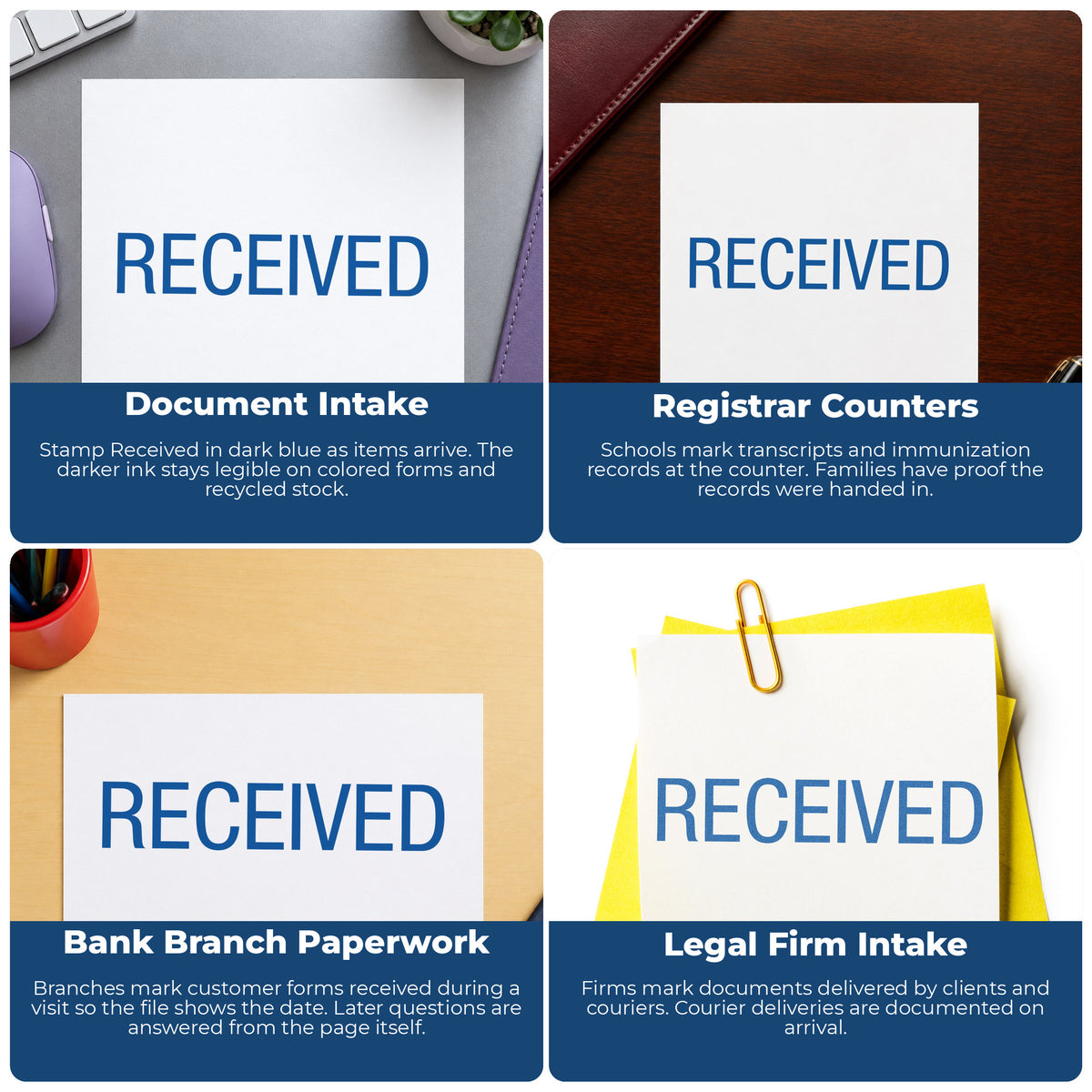 "Received" stamp shown in use on office documents, Dark Blue Received Document Stamp overview