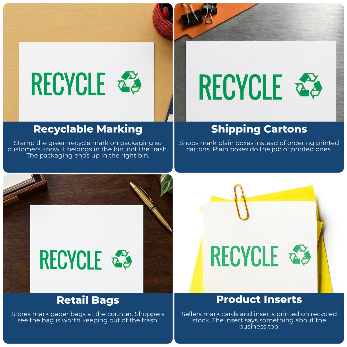 "Recycle" stamp shown in use on office documents, Green Recycle Instruction Stamp overview