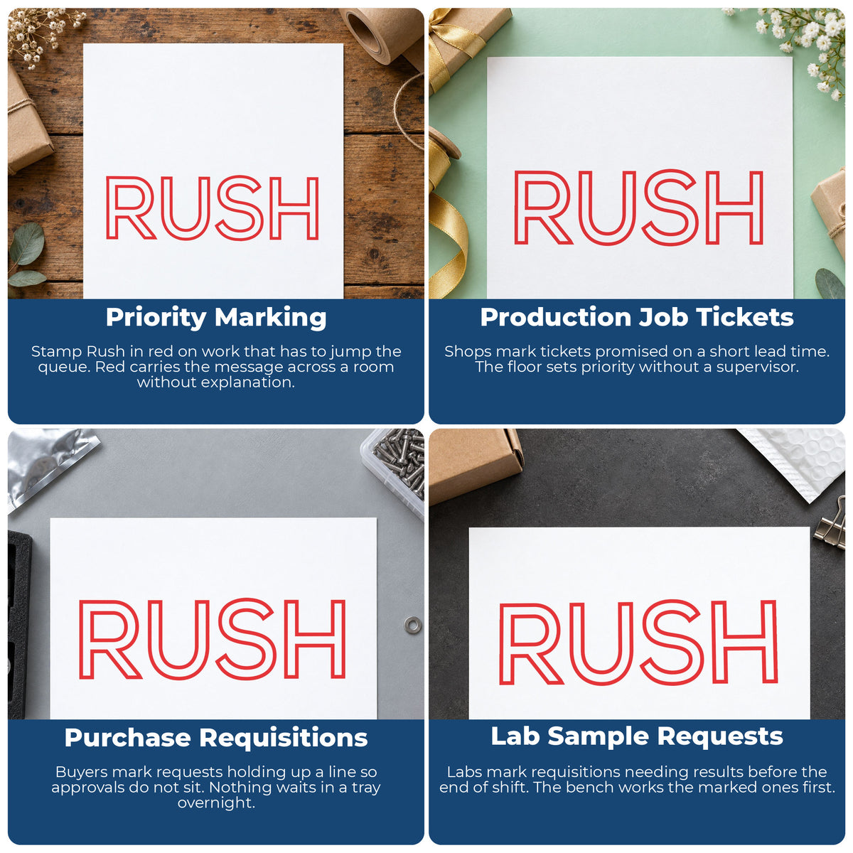 "Rush" stamp shown in use on office documents, Red Rush Stamp overview