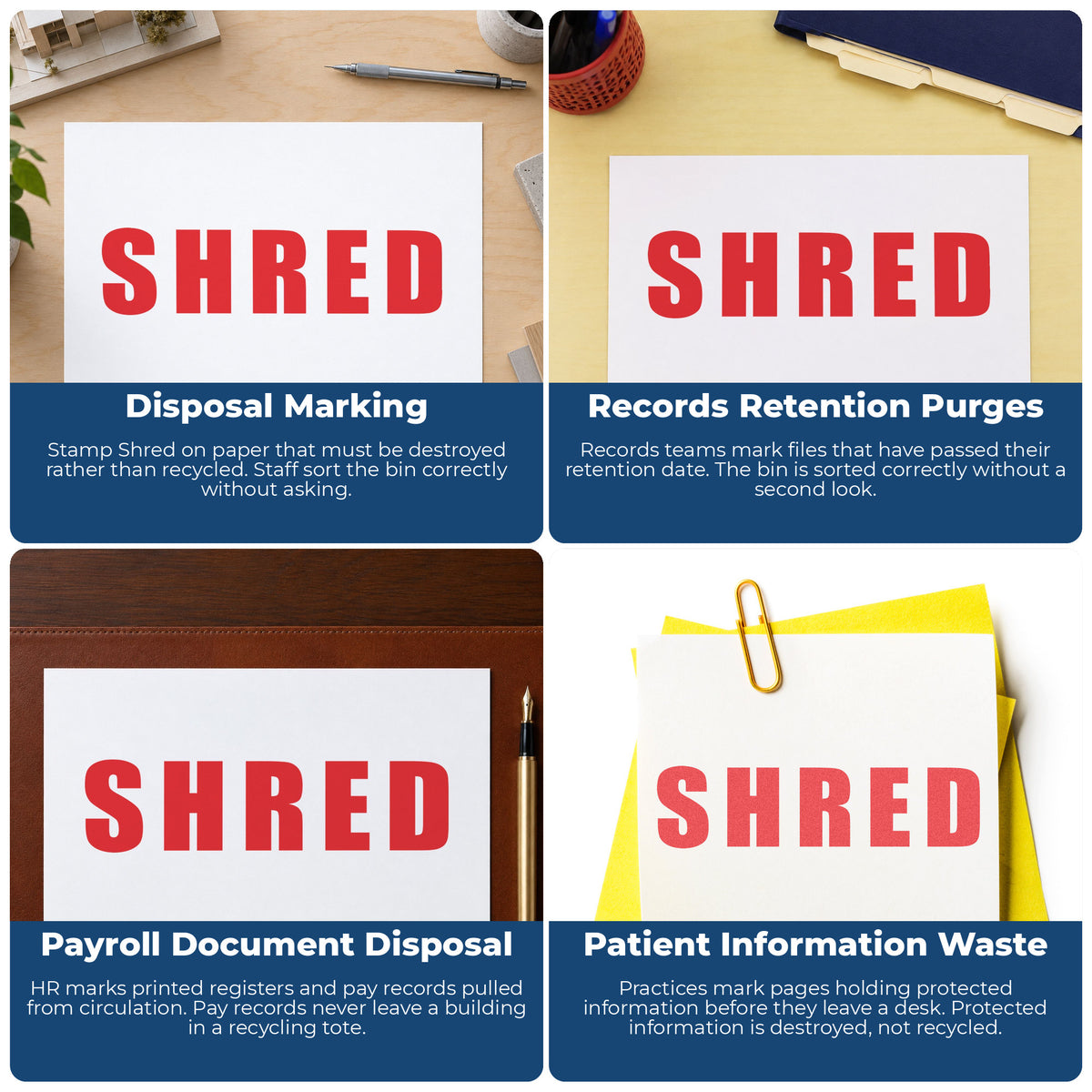 "Shred" stamp shown in use on office documents, Shred Stamp overview