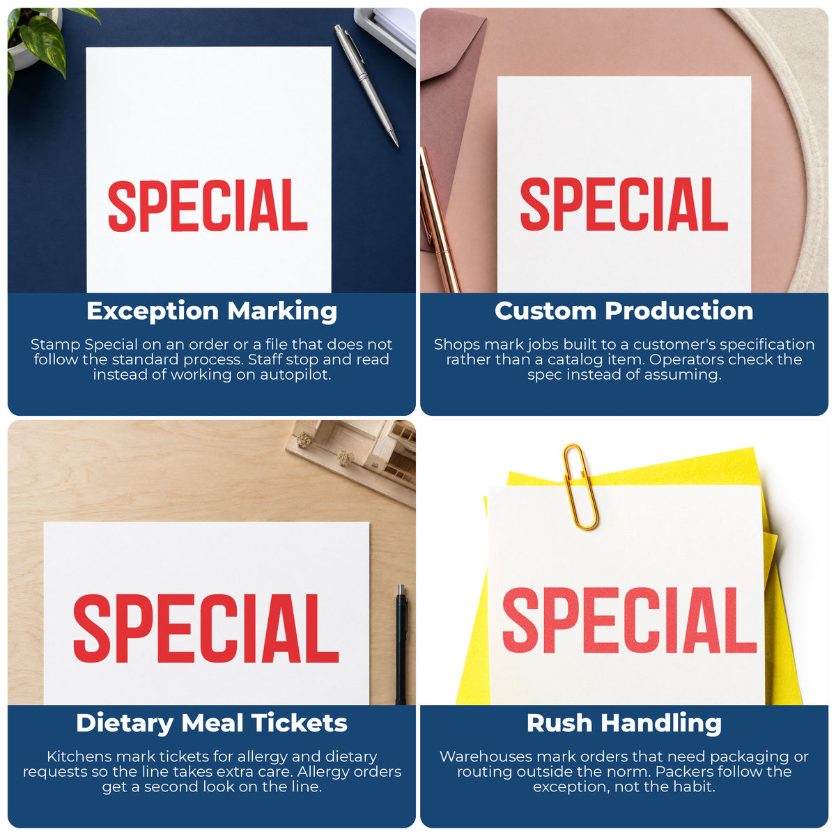 "Special" stamp shown in use on office documents, Xstamper Special Stamp overview