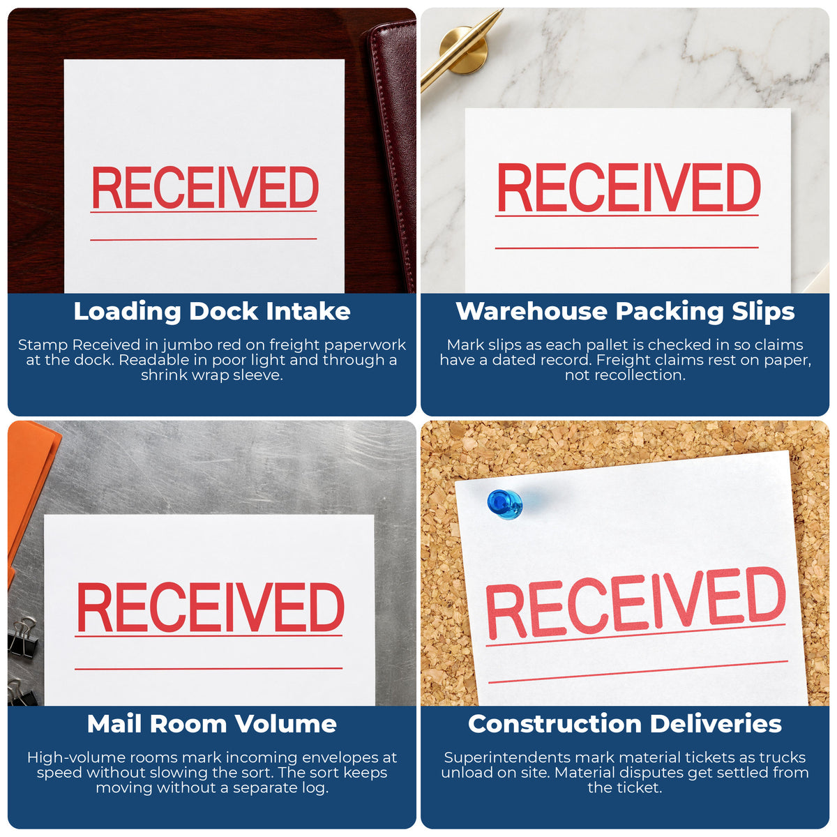 "Received" stamp shown in use on office documents, Received Stamp For Document Intake – Jumbo Bold Red Pre-Inked Xstamper...