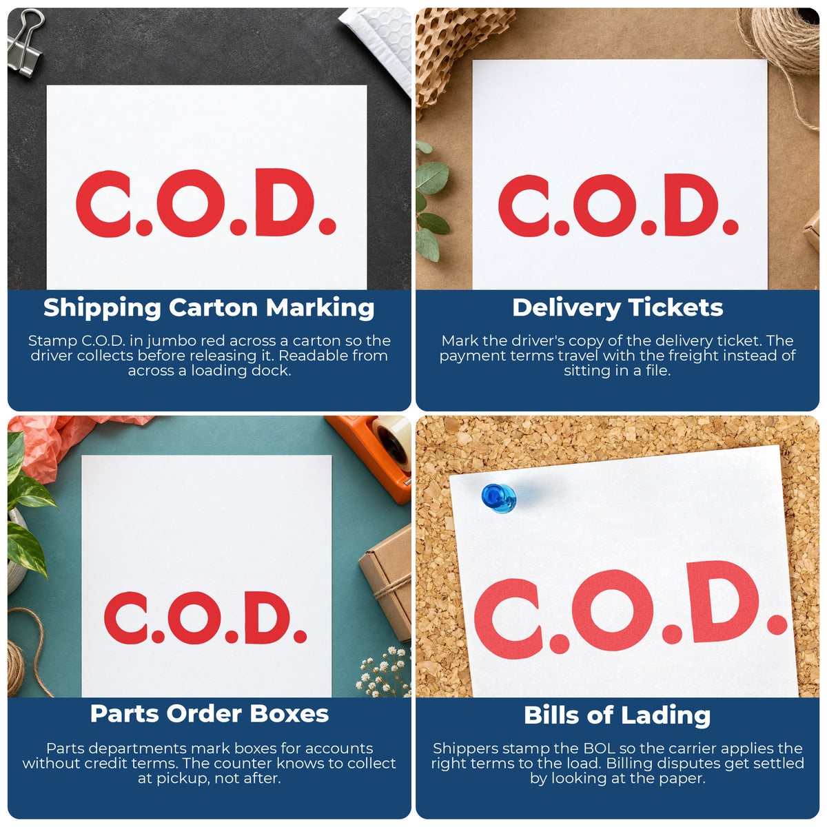 "C.O.D." stamp shown in use on office documents, C.O.D. Payment Stamp – Jumbo Bold Red Pre-Inked Xstamper overview