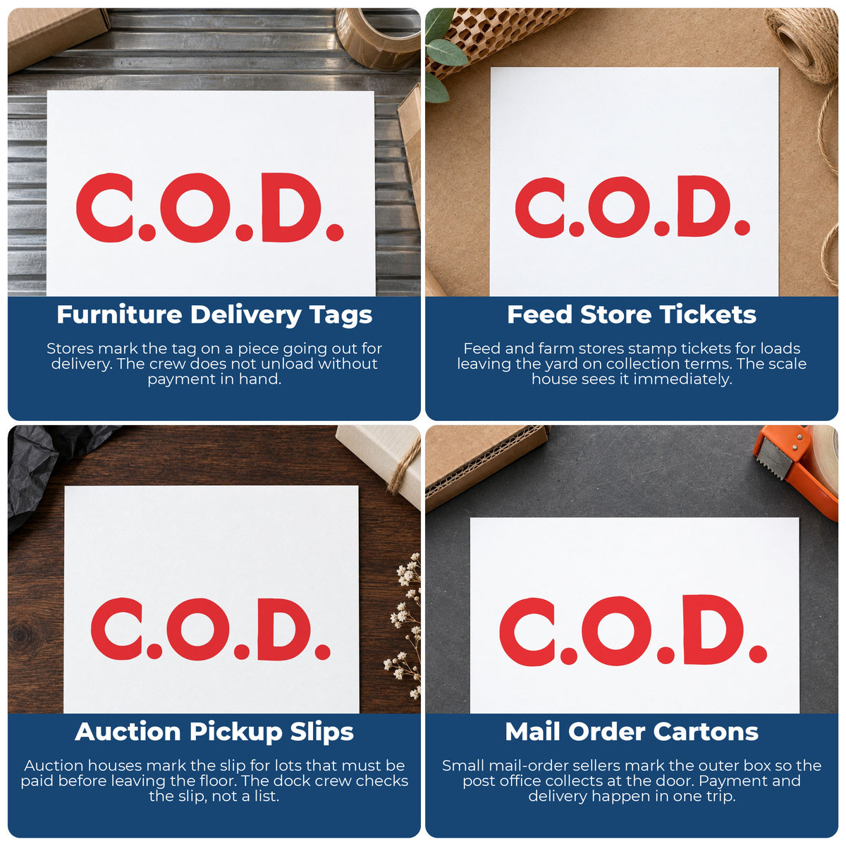 More ways to use the "C.O.D." imprint from the C.O.D. Payment Stamp – Jumbo Bold Red Pre-Inked Xstamper