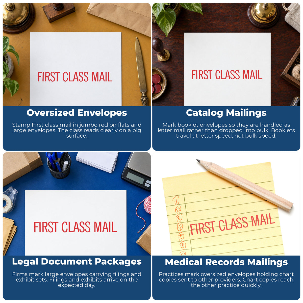 "First class mail" stamp shown in use on office documents, First Class Mail Document Stamp – Jumbo Red Pre-Inked Xstamper...