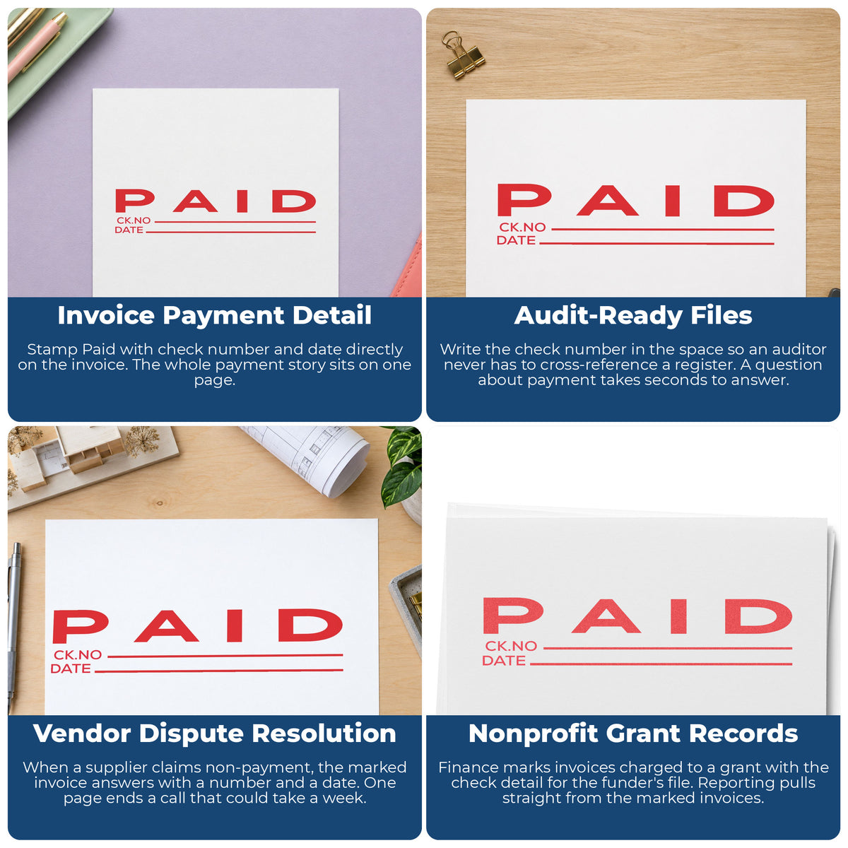 "Paid CK No.-Date" stamp shown in use on office documents, Paid CK No.-Date Stamp For Record Keeping – Jumbo Pre-Inked Xst...