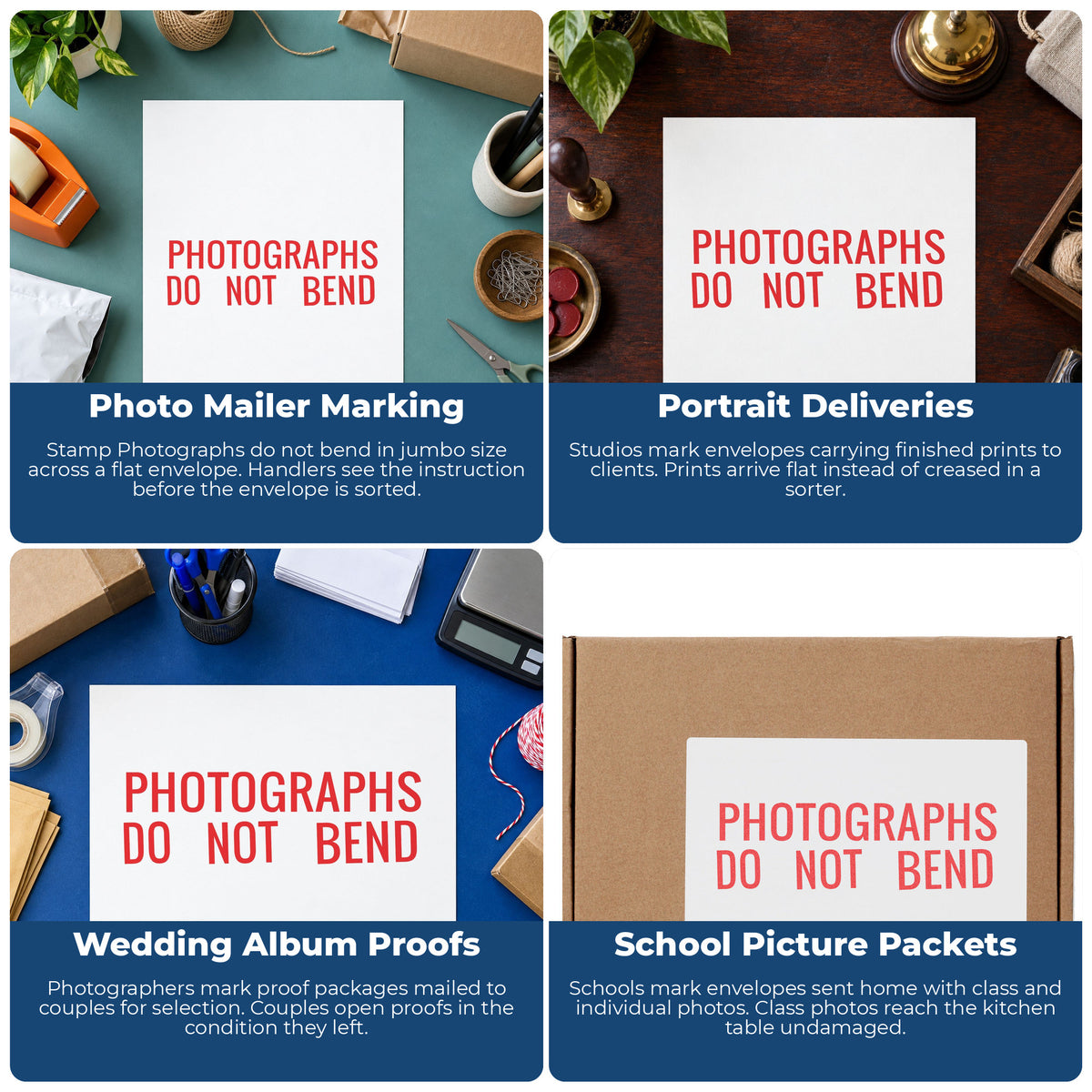 "Photographs do not bend" stamp shown in use on office documents, Jumbo Photographs Do Not Bend Mailing Stamp overview