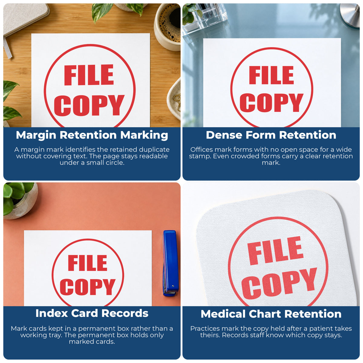 "File copy" stamp shown in use on office documents, Round File Copy Stamp overview