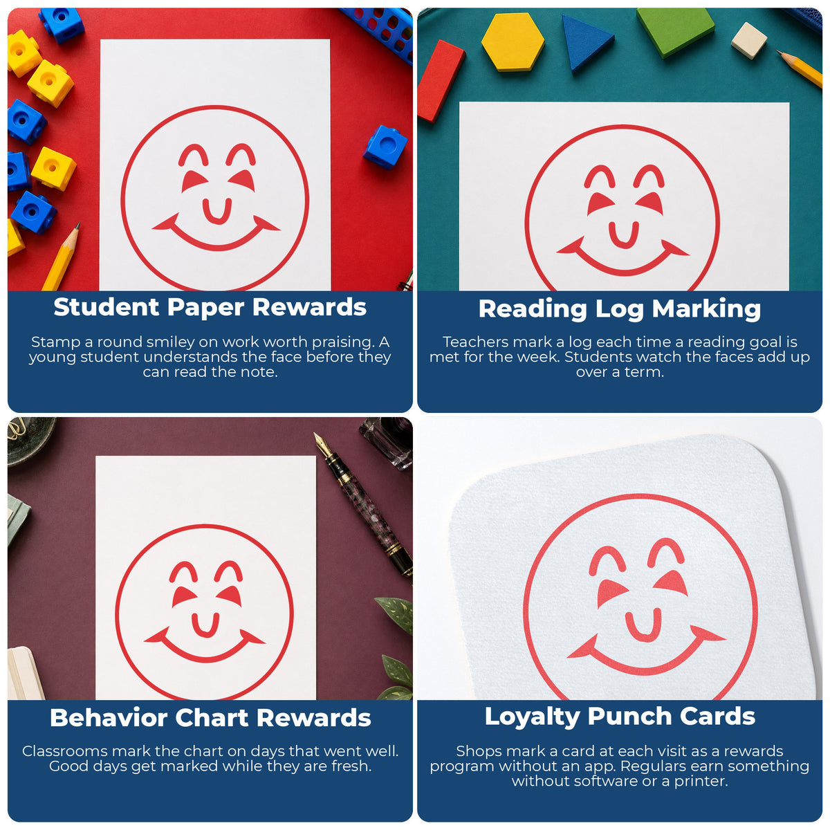 "Smiley face" stamp shown in use on office documents, Round Red Smiley Face Teacher Stamp overview