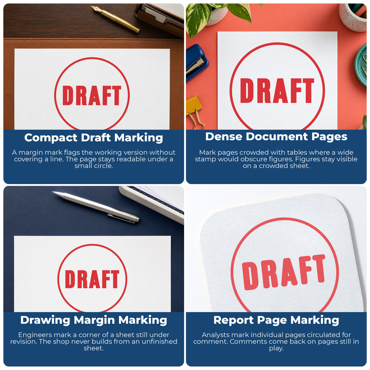"Draft" stamp shown in use on office documents, Round Draft Stamp overview