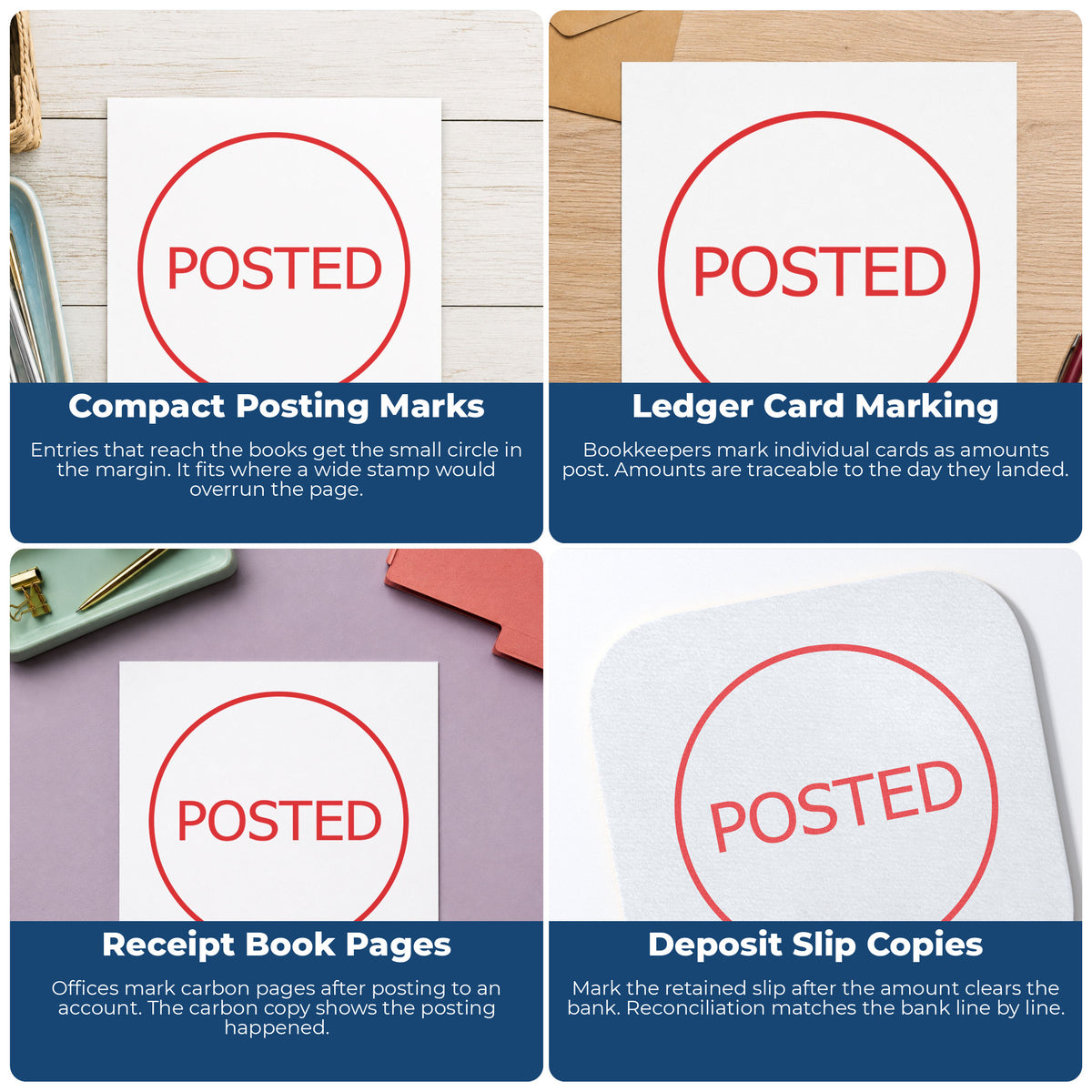 "Posted" stamp shown in use on office documents, Xstamper Posted Office Stamp – Round Pre-Inked overview