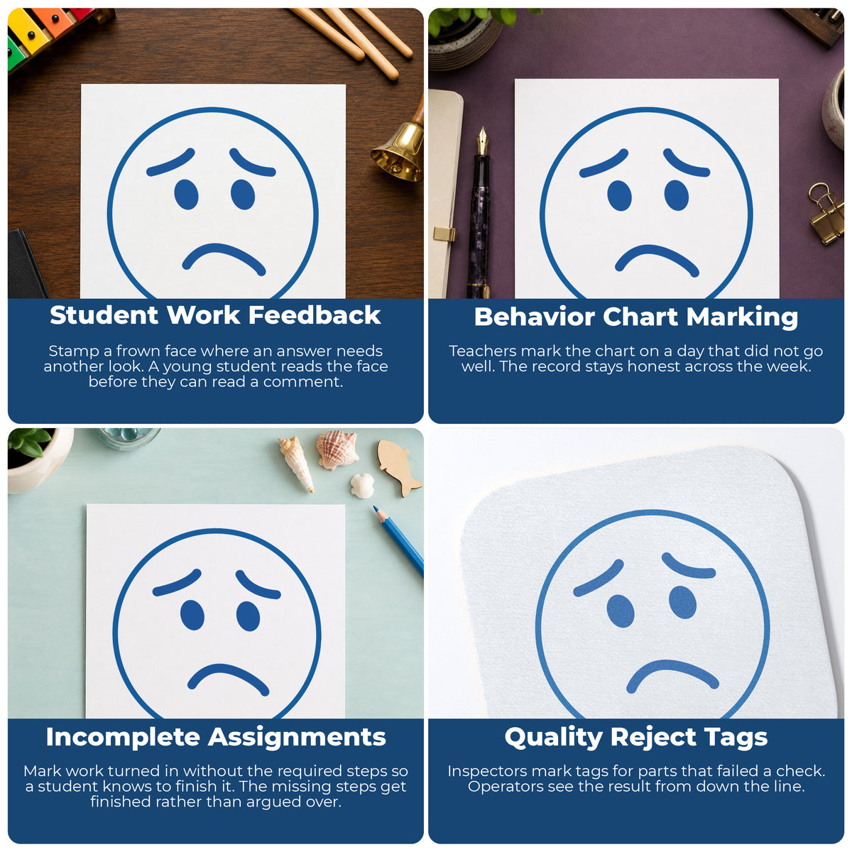 "Frown face" stamp shown in use on office documents, Round Frown Face Stamp overview