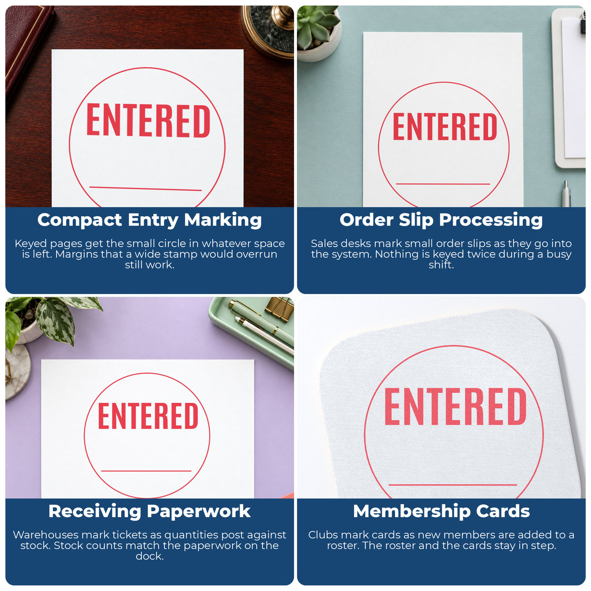 "Entered" stamp shown in use on office documents, Entered Stamp For Data Entry Records – Round Pre-Inked Xstamper overview