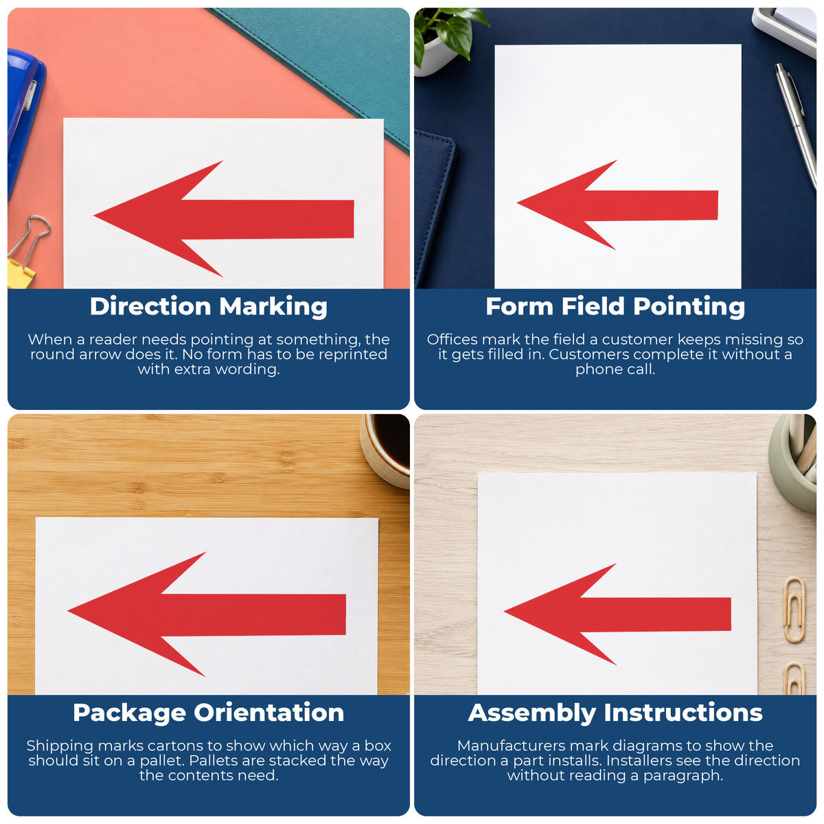 "Arrow" stamp shown in use on office documents, Arrow Stamp For Schoolwork – Round Pre-Inked Xstamper overview