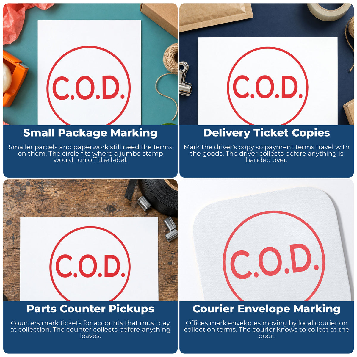 "C.O.D." stamp shown in use on office documents, Round C.O.D. Delivery Stamp overview