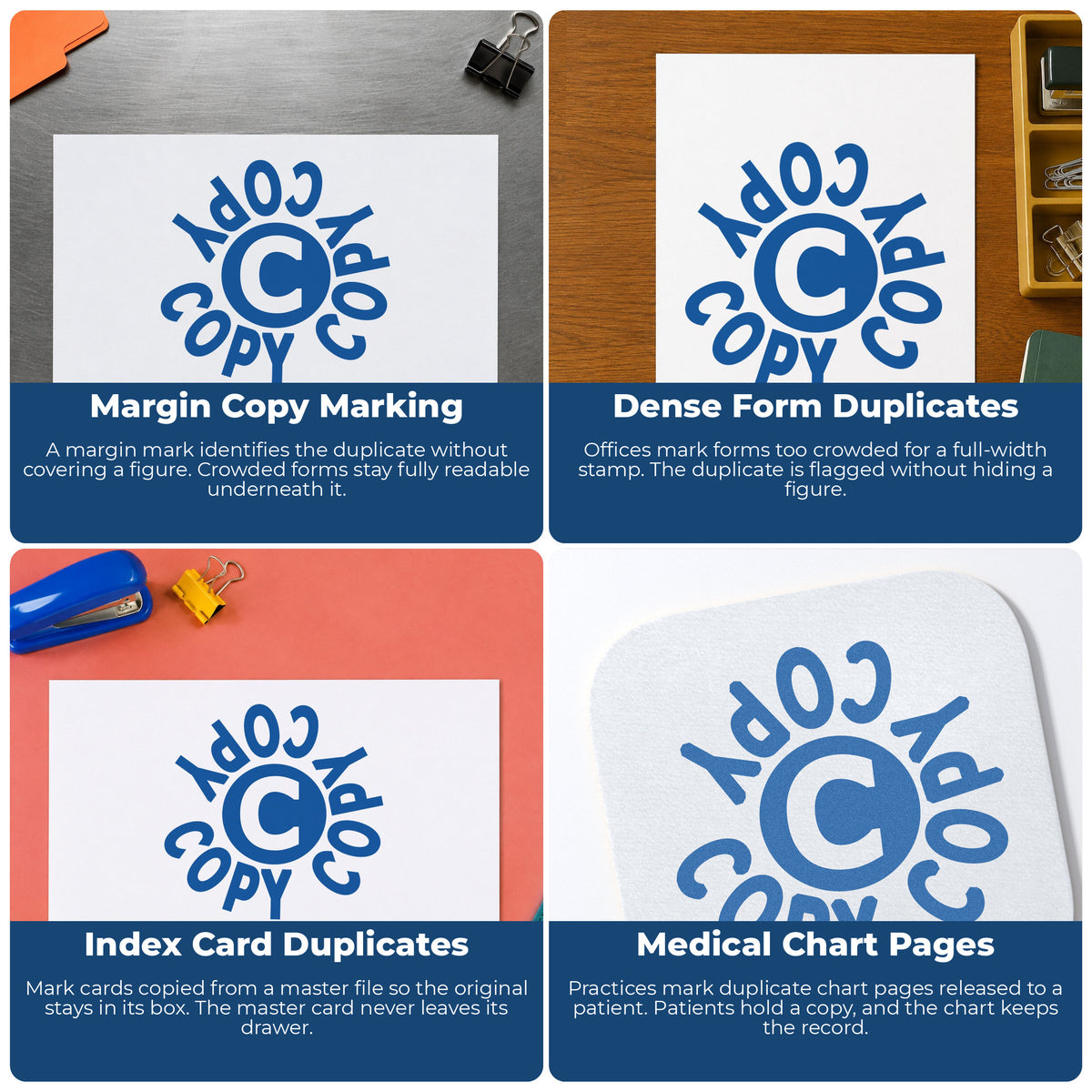"Copy" stamp shown in use on office documents, Round Blue Copy Document Stamp overview