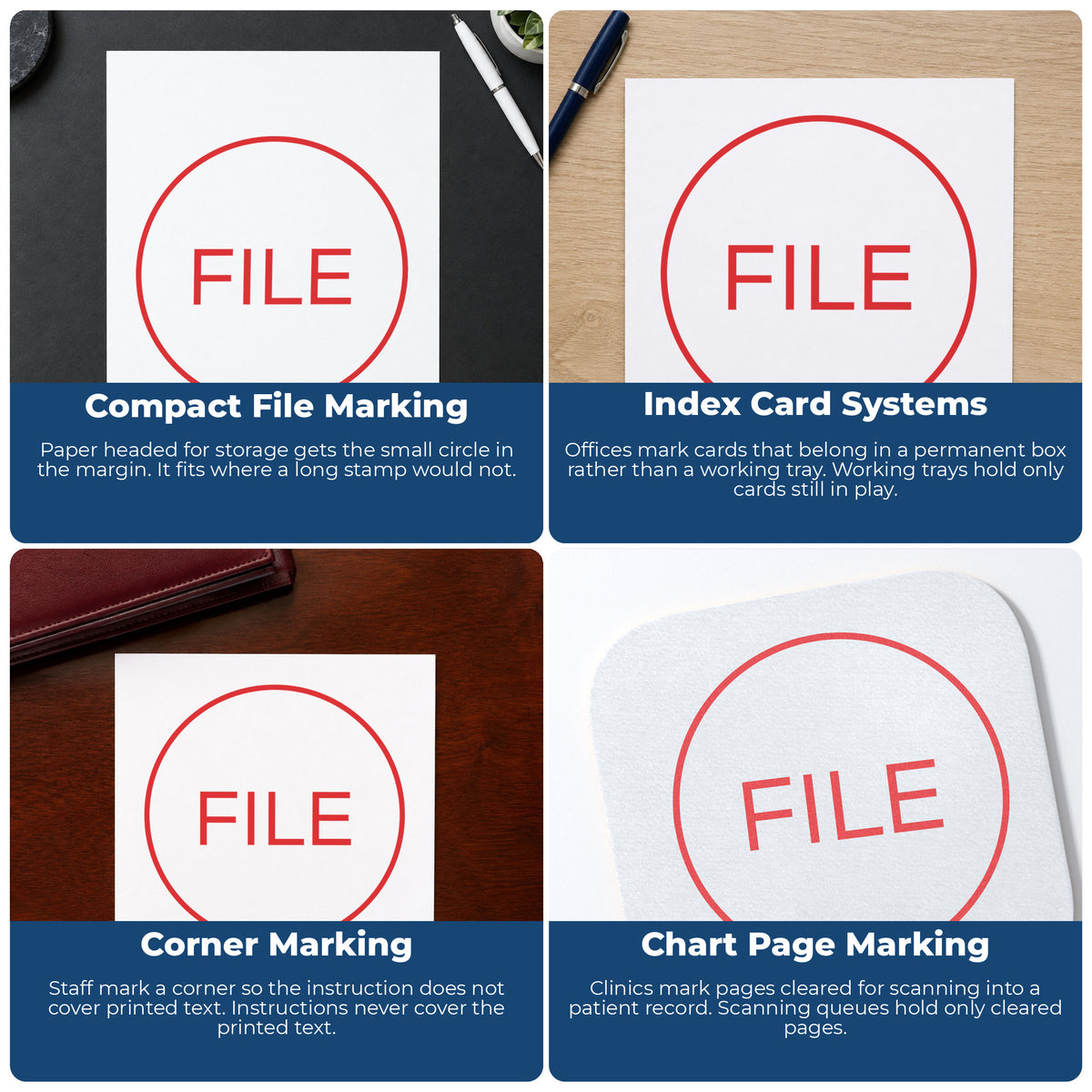 "File" stamp shown in use on office documents, Round File Document Stamp overview