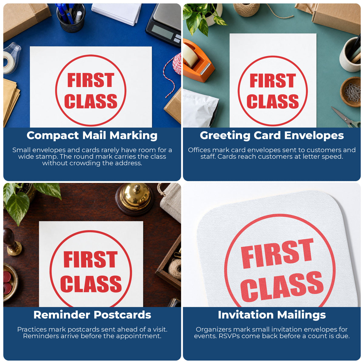 "First class" stamp shown in use on office documents, First Class Stamp – Round Pre-Inked Xstamper overview