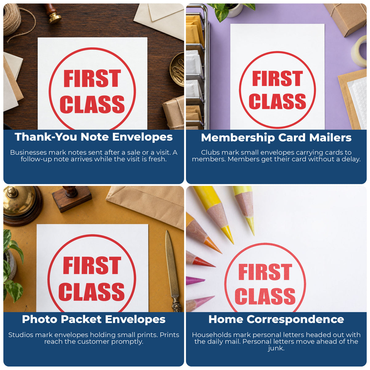 More ways to use the "First class" imprint from the First Class Stamp – Round Pre-Inked Xstamper