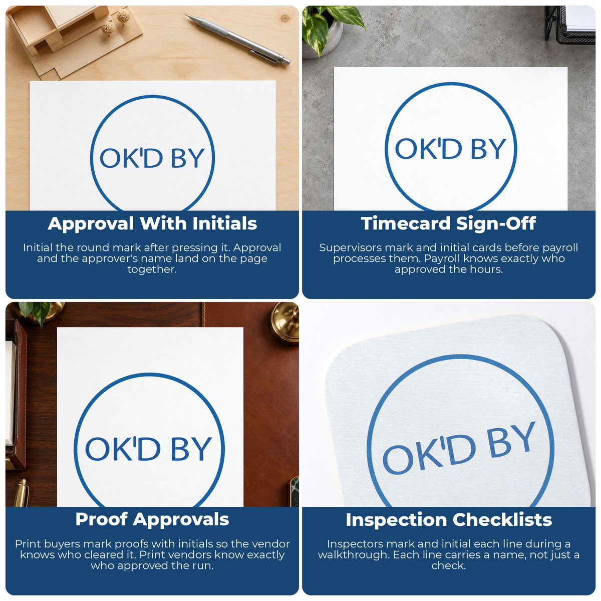 "OK'd by" stamp shown in use on office documents, Xstamper OK'd By Approval Stamp – Round Pre-Inked overview