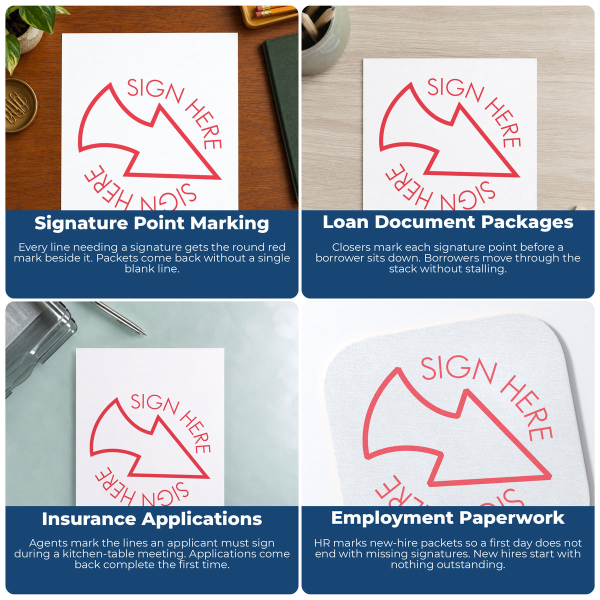 "Sign here" stamp shown in use on office documents, Round Red Sign Here Stamp overview