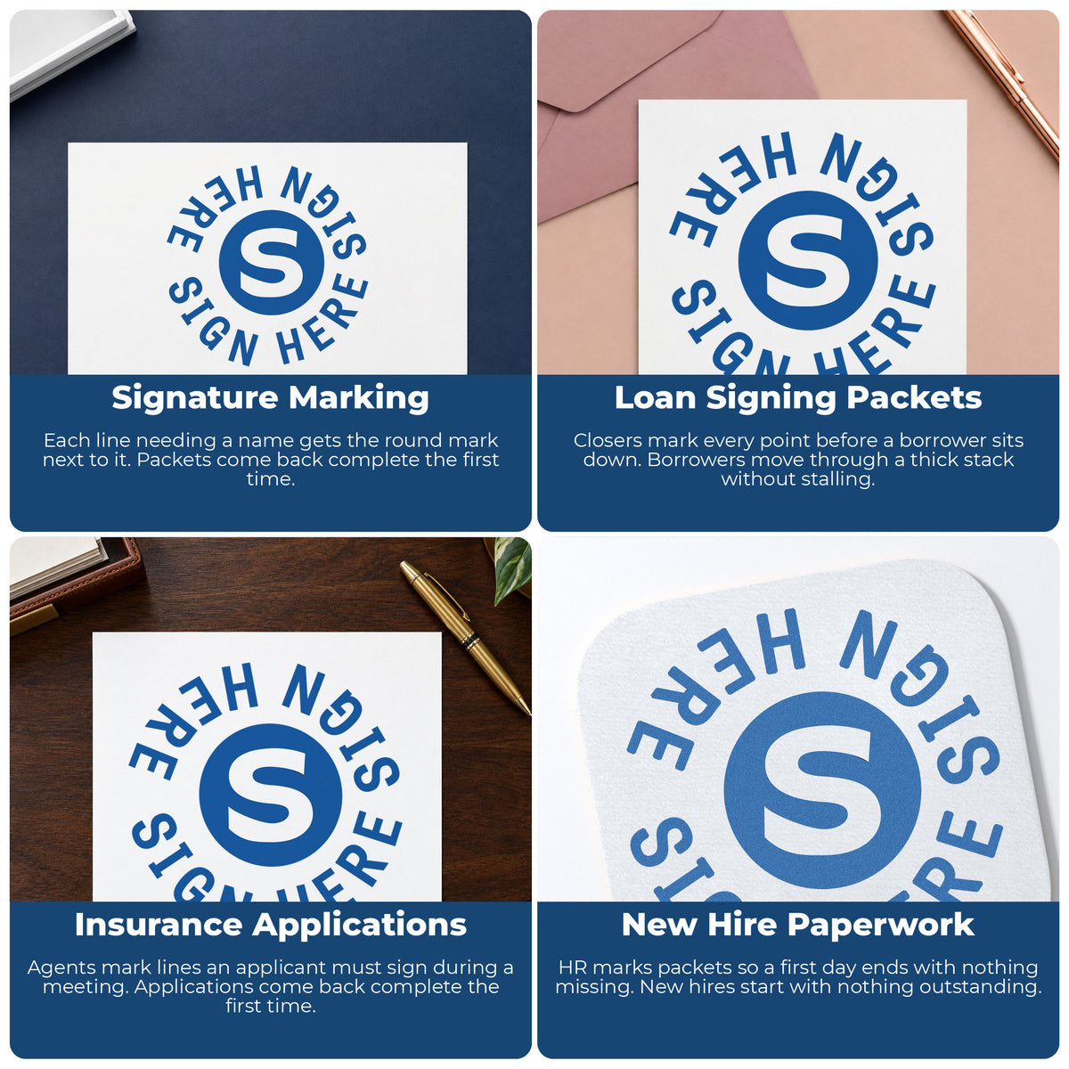 "Sign here" stamp shown in use on office documents, Xstamper Sign Here Stamp – Round Blue Pre-Inked overview
