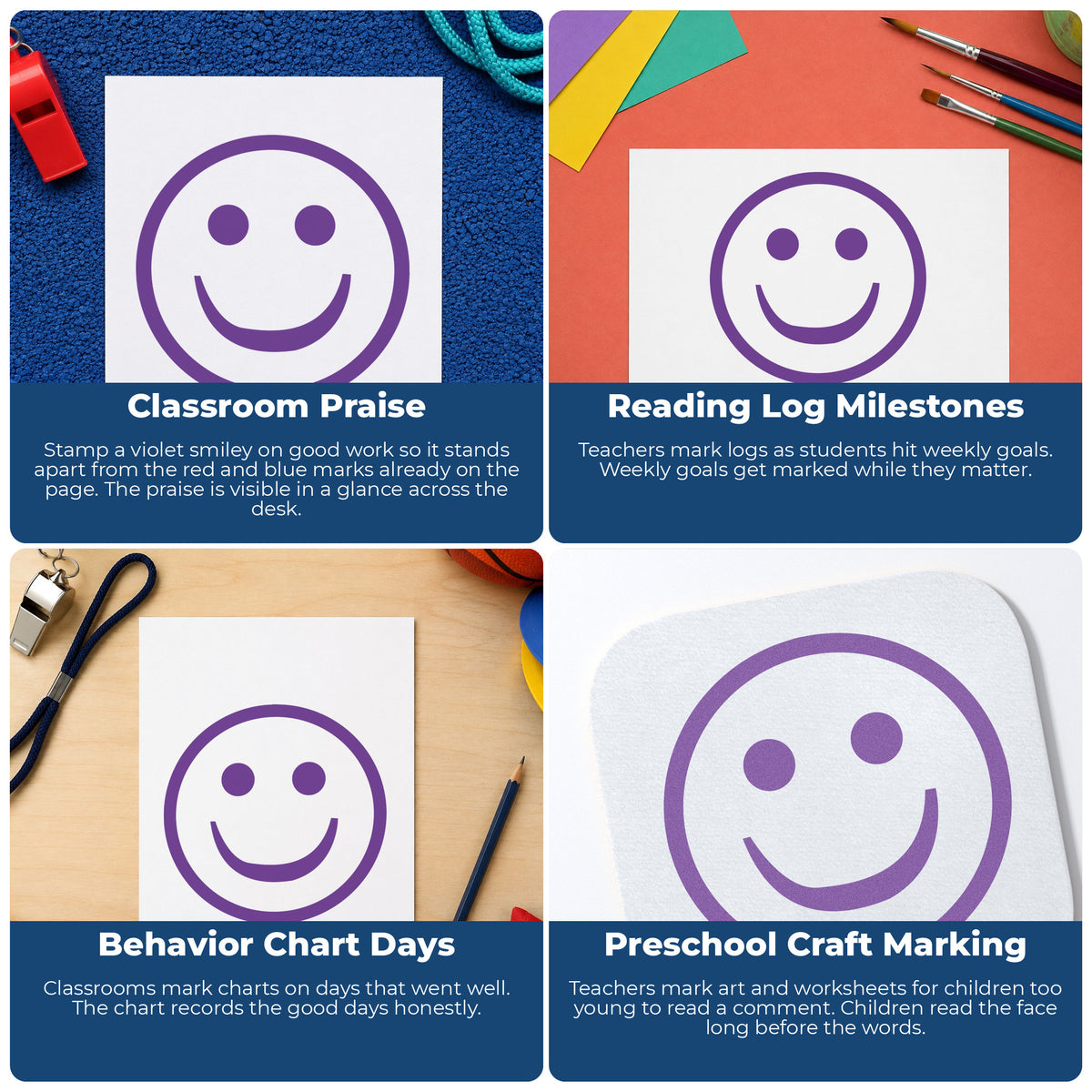 "Smiley face" stamp shown in use on office documents, Xstamper Smiley Face Stamp – Round Violet Pre-Inked overview