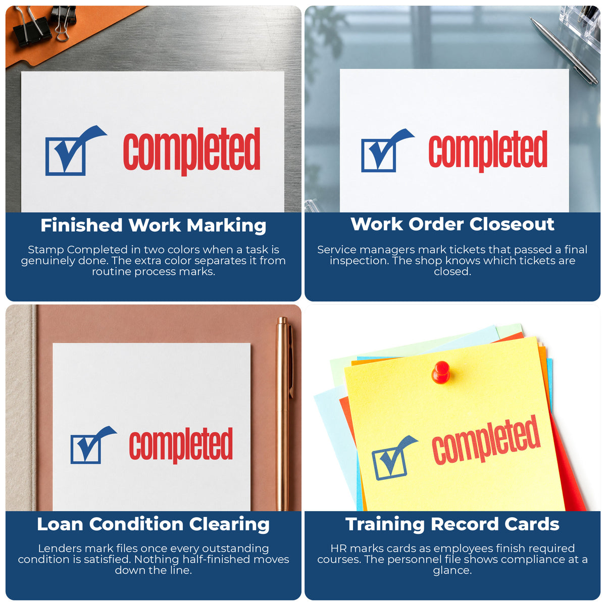 "Completed" stamp shown in use on office documents, Xstamper Completed Stamp overview