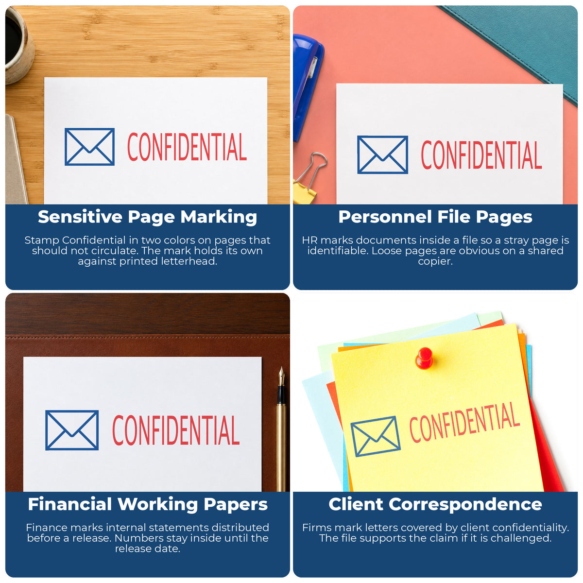 "Confidential" stamp shown in use on office documents, Two-Color Confidential Stamp overview