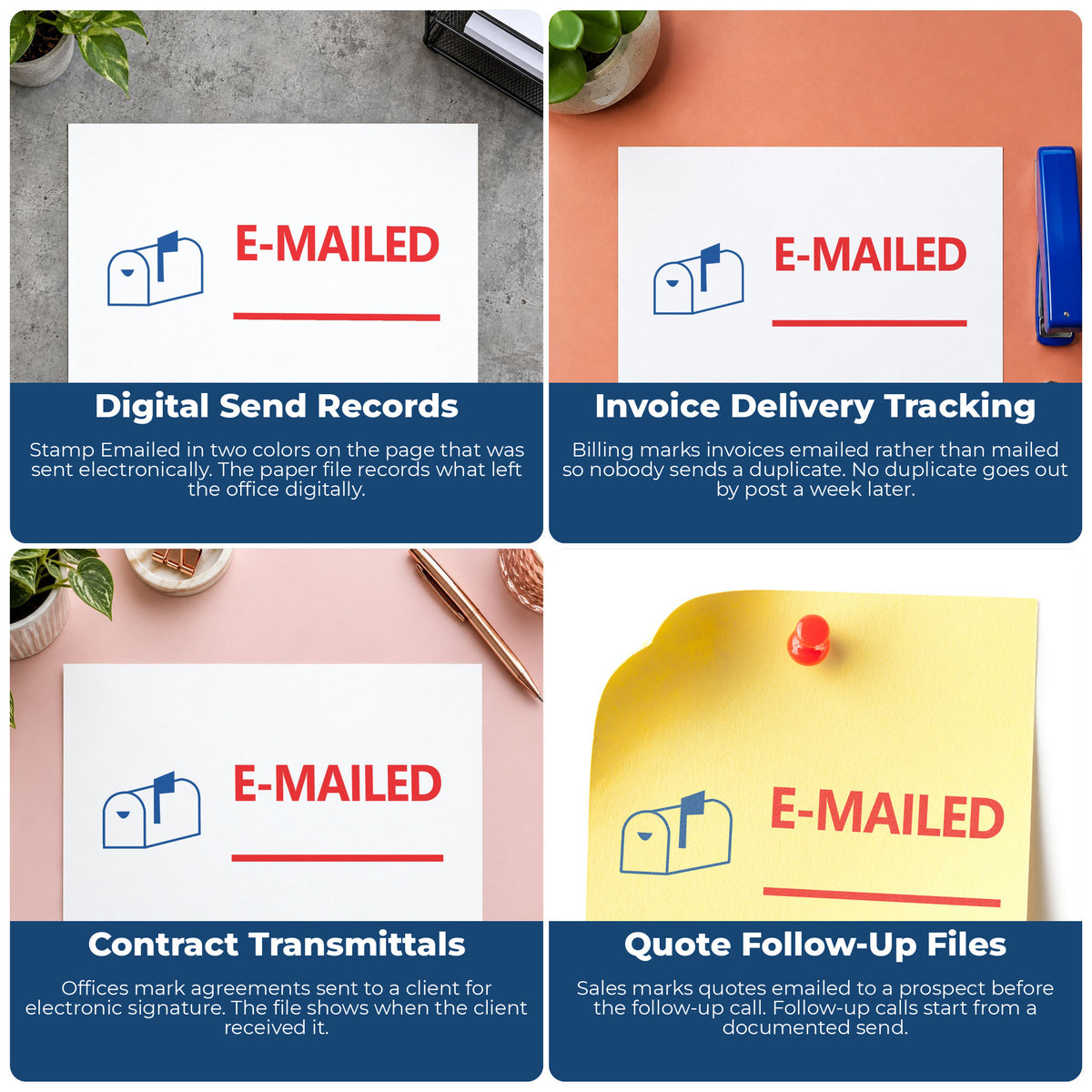 "Emailed" stamp shown in use on office documents, Xstamper Emailed Office Stamp overview