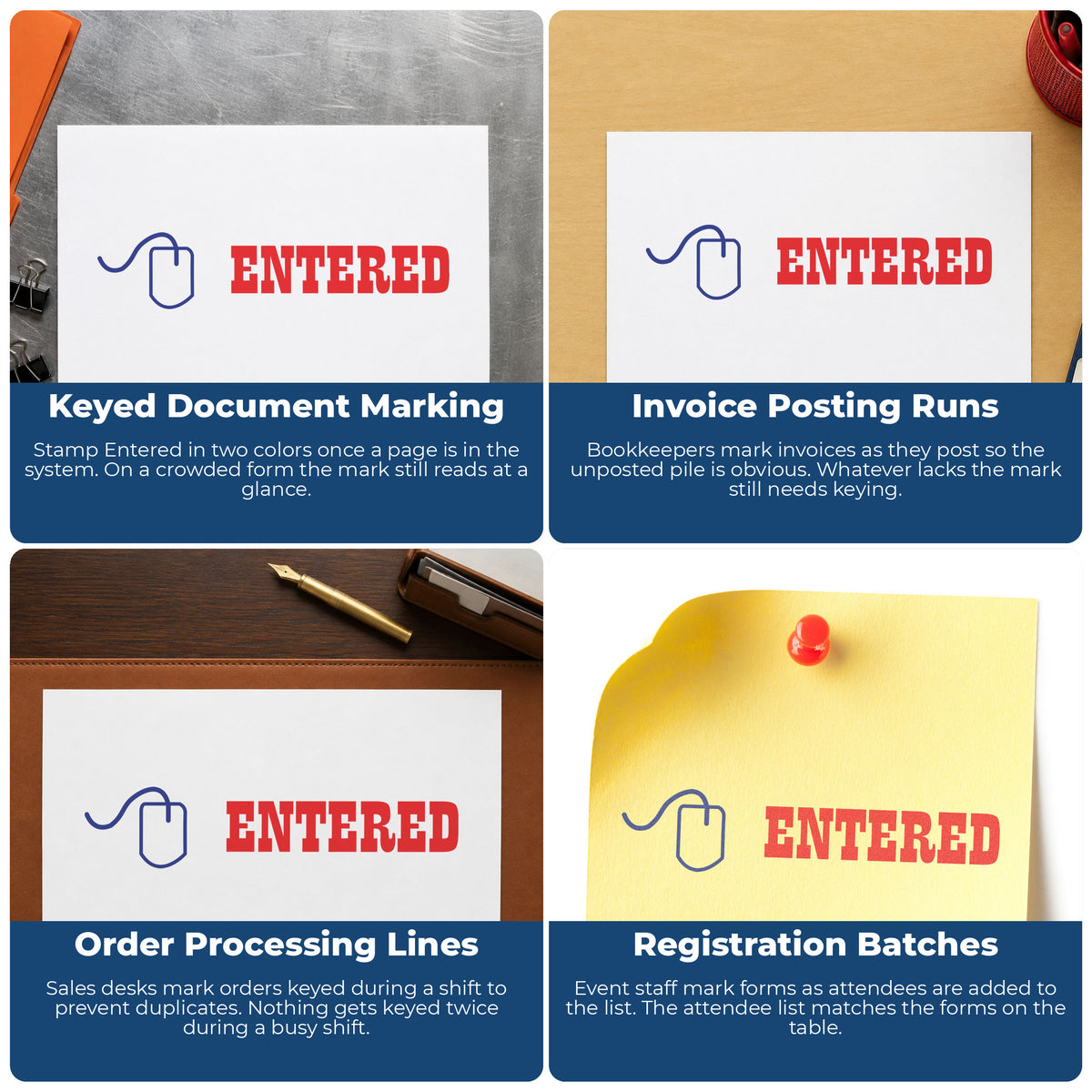 "Entered" stamp shown in use on office documents, Two-Color Entered Stamp overview