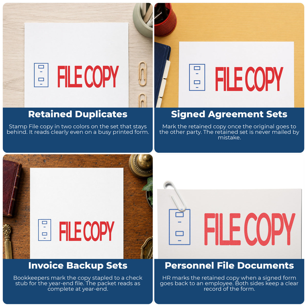 "File copy" stamp shown in use on office documents, File Copy Document Stamp overview
