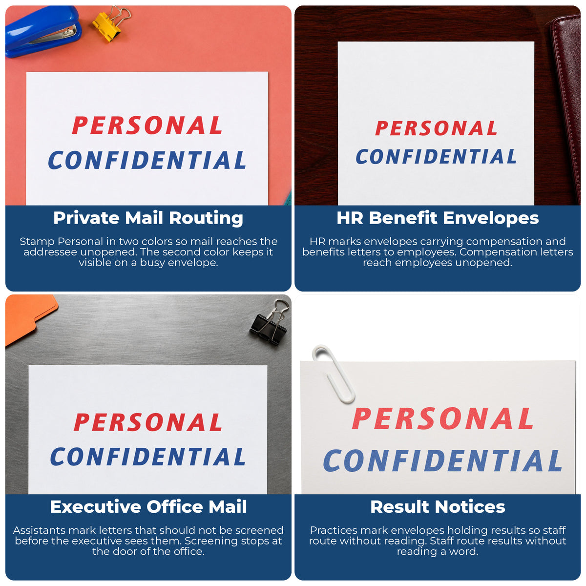 "Personal" stamp shown in use on office documents, Xstamper Personal Document Stamp overview