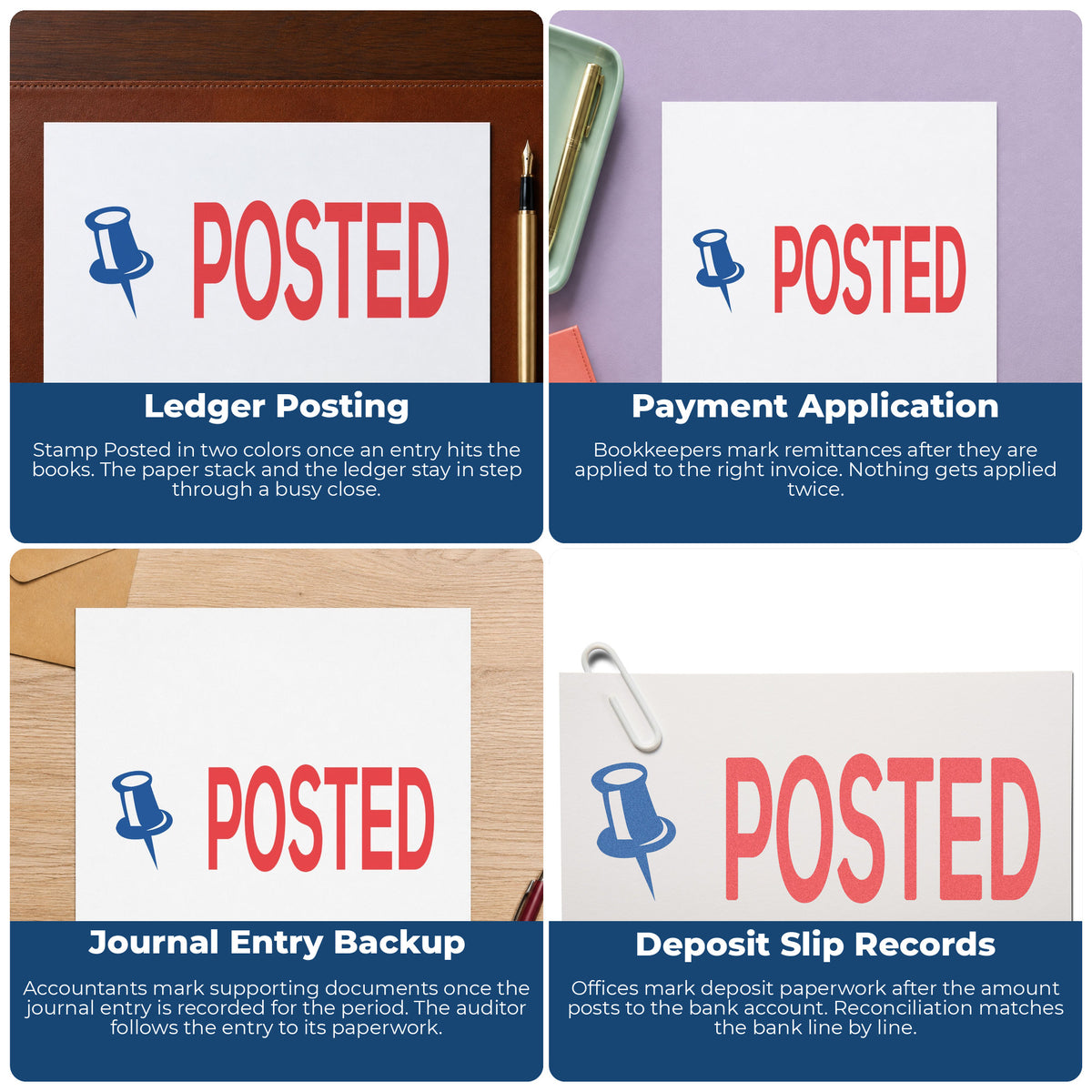 "Posted" stamp shown in use on office documents, Posted Stamp overview