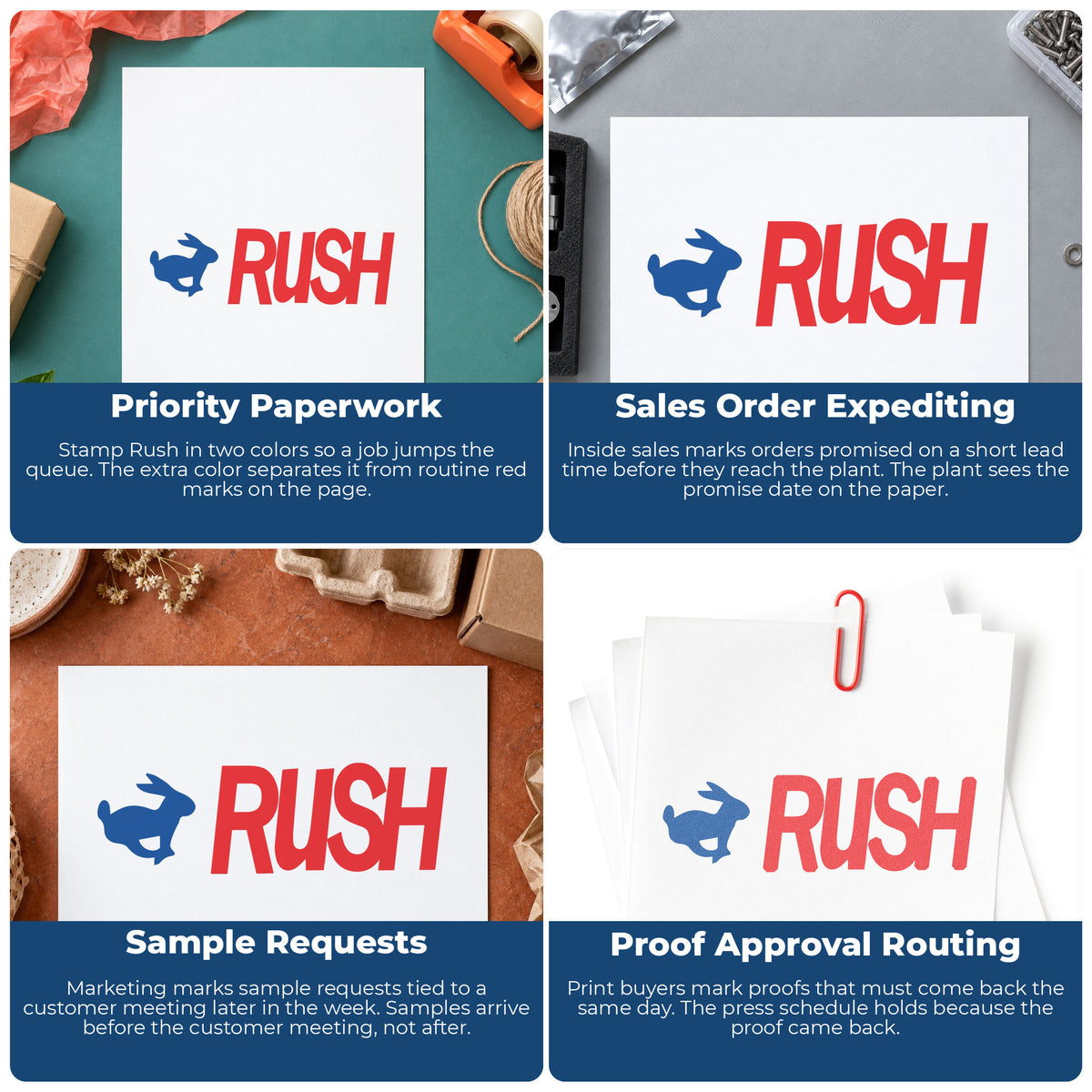 "Rush" stamp shown in use on office documents, Two-Color Rush Priority Stamp overview