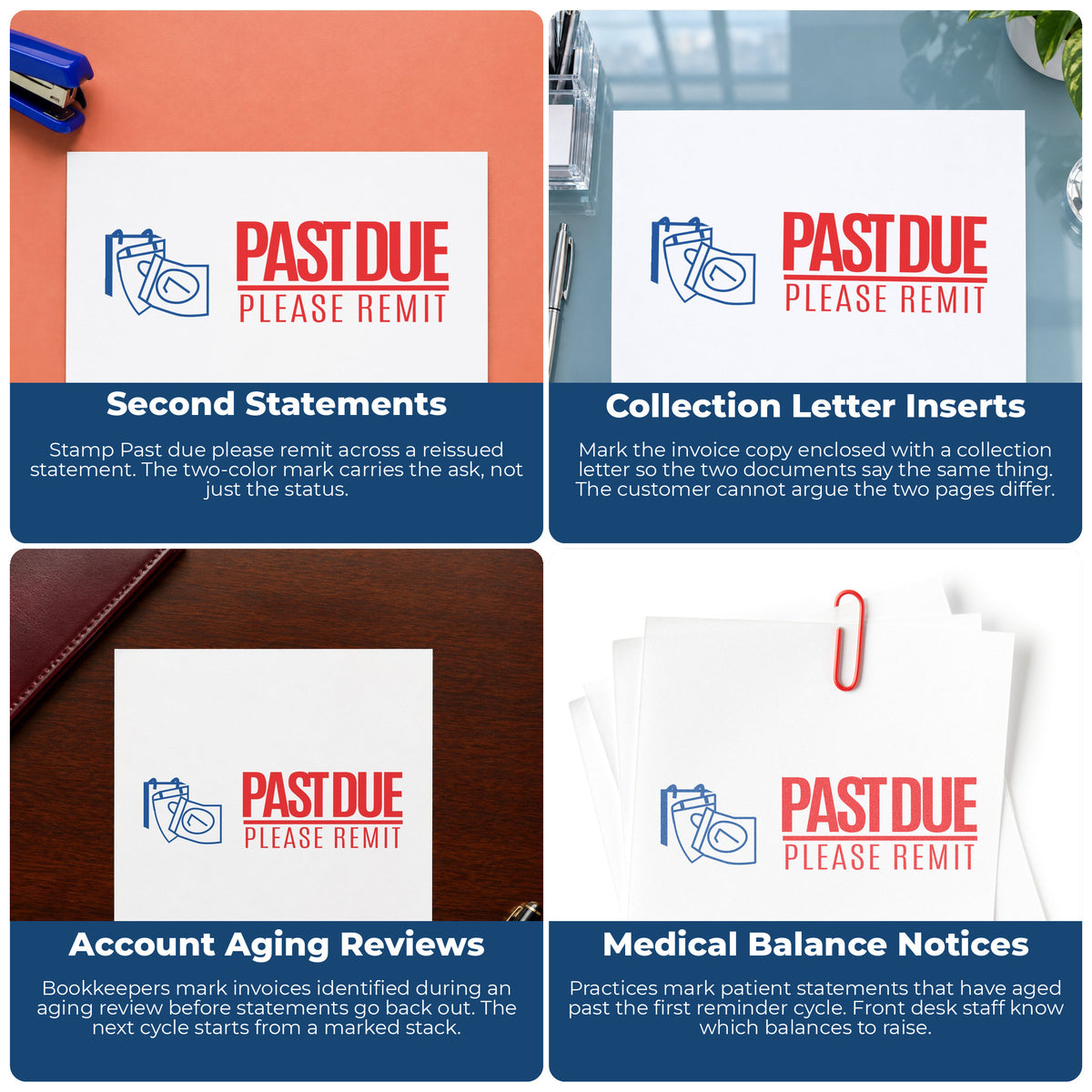 "Past due please remit" stamp shown in use on office documents, Past Due Please Remit Stamp – Two-Color Red Pre-Inked Xsta...