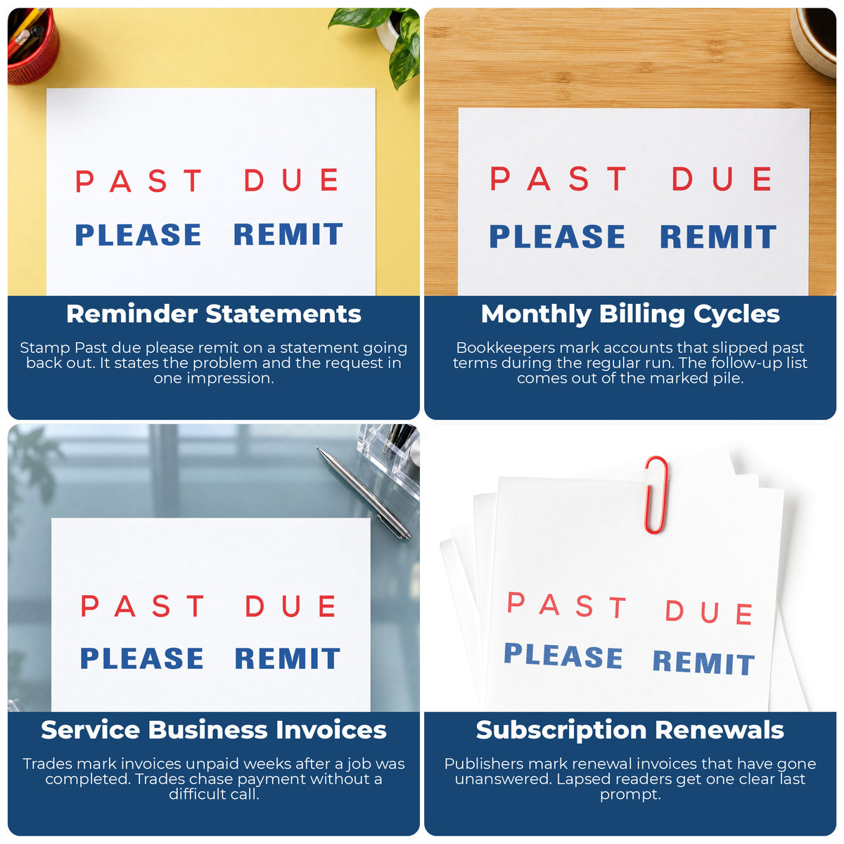 "Past due please remit" stamp shown in use on office documents, Two-Color Past Due Please Remit Billing Stamp overview