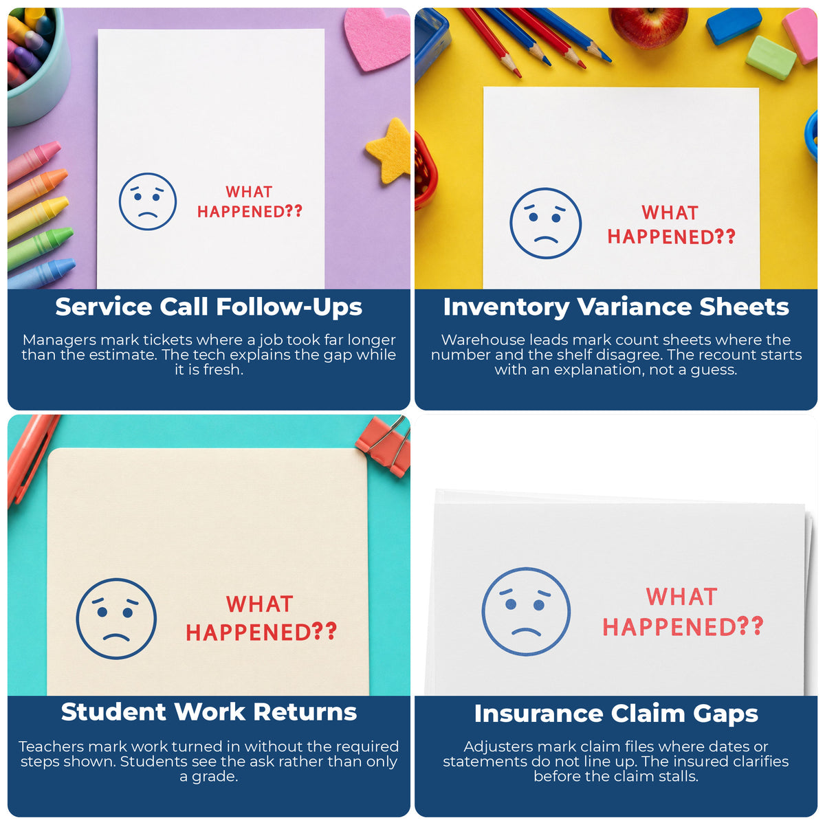 More ways to use the "What happened?" imprint from the Two-Color What Happened? Stamp