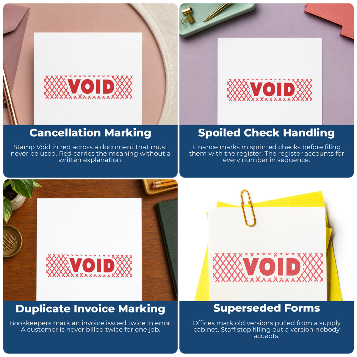 "Void" stamp shown in use on office documents, Red Void Accounting Stamp overview