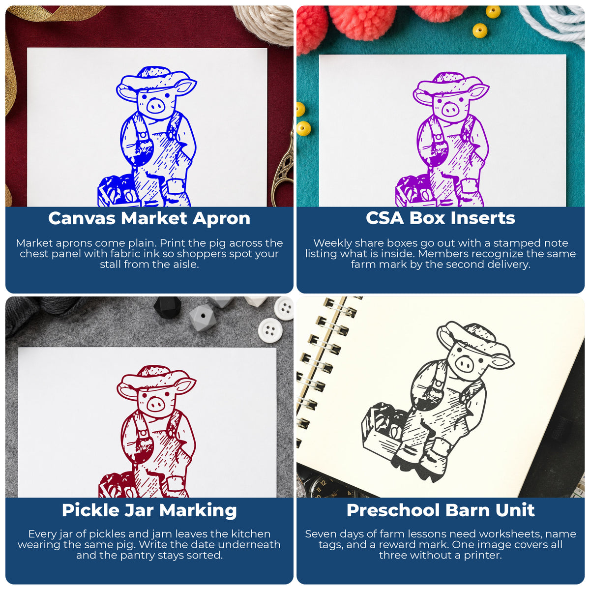 Farmer Pig with Produce Rubber Stamp project ideas: Canvas Market Apron, CSA Box Inserts, Pickle Jar Marking and Preschool Barn Unit.