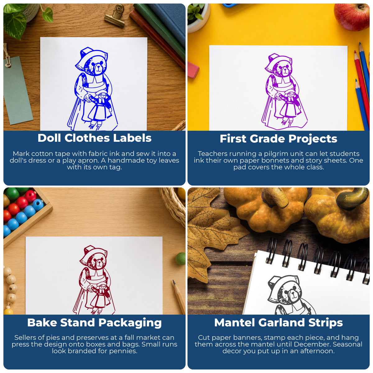Girl Pilgrim Bear with Doll Rubber Stamp project ideas: Doll Clothes Labels, First Grade Projects, Bake Stand Packaging and Mantel Garland Strips.