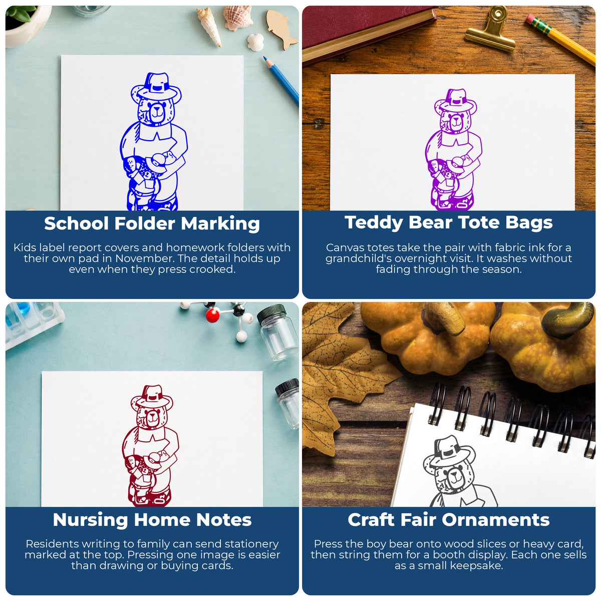 Boy Pilgrim Bear with Teddy Rubber Stamp project ideas: School Folder Marking, Teddy Bear Tote Bags, Nursing Home Notes and Craft Fair Ornaments.